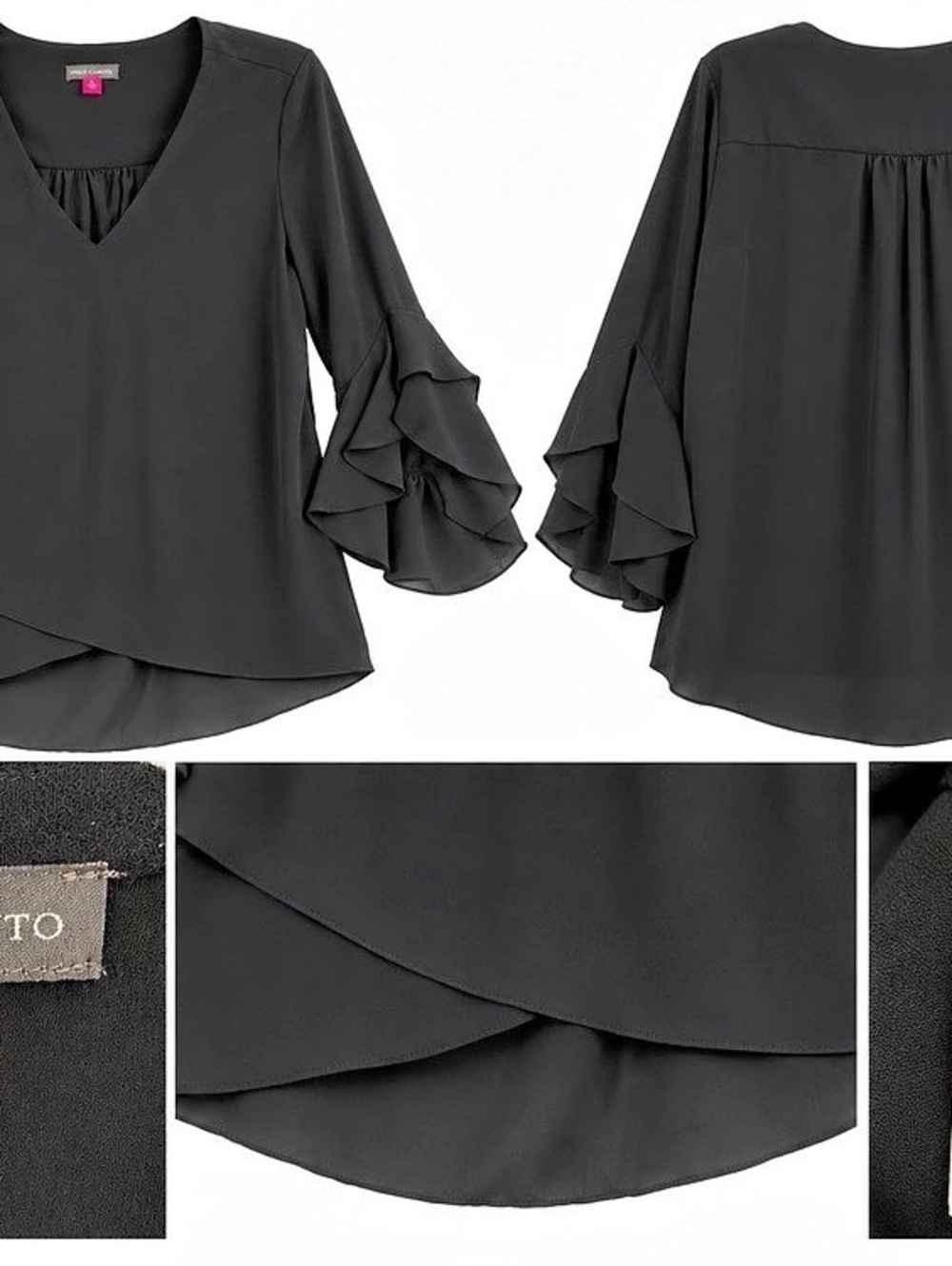 Vince Camuto Women’s M Black Blouse Ruffle Bell Sleeve V Neck Layered Hem